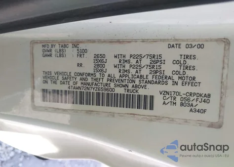 2000 Toyota Tacoma Xtracab z USA, uszkodzony, nr VIN 4TAWN72N7YZ659600